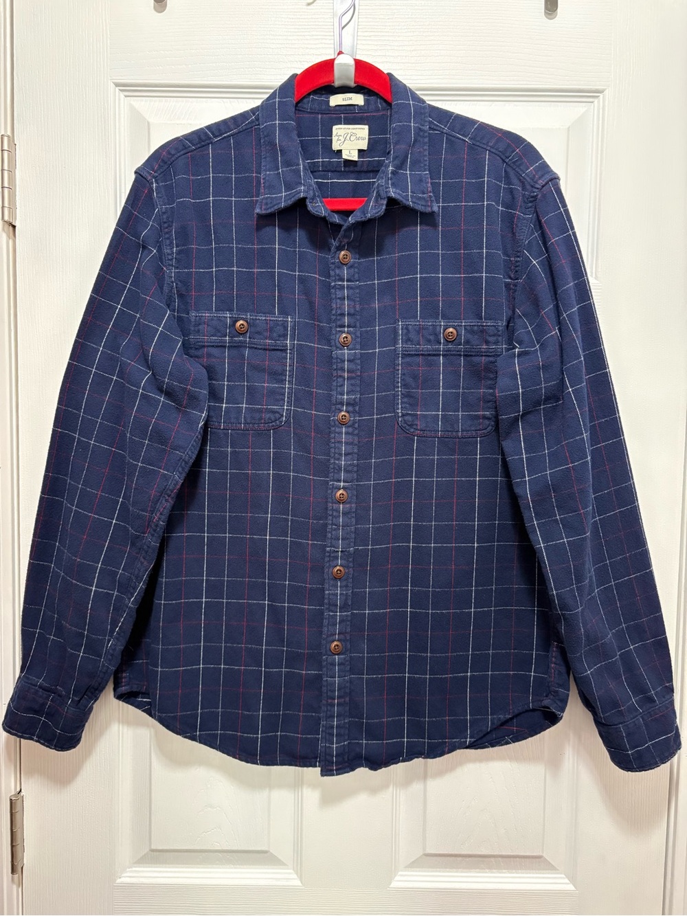 J.Crew Flannel Shirt Mens L Slim Fit Navy Windowpane Plaid Cotton Button Front